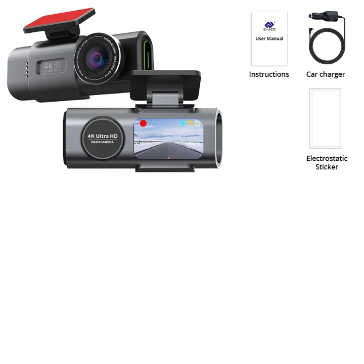Black 4K Ultra HD dash cam shown from two angles on a white background, with included accessories and labels: a user manual, car charger, and electrostatic sticker.