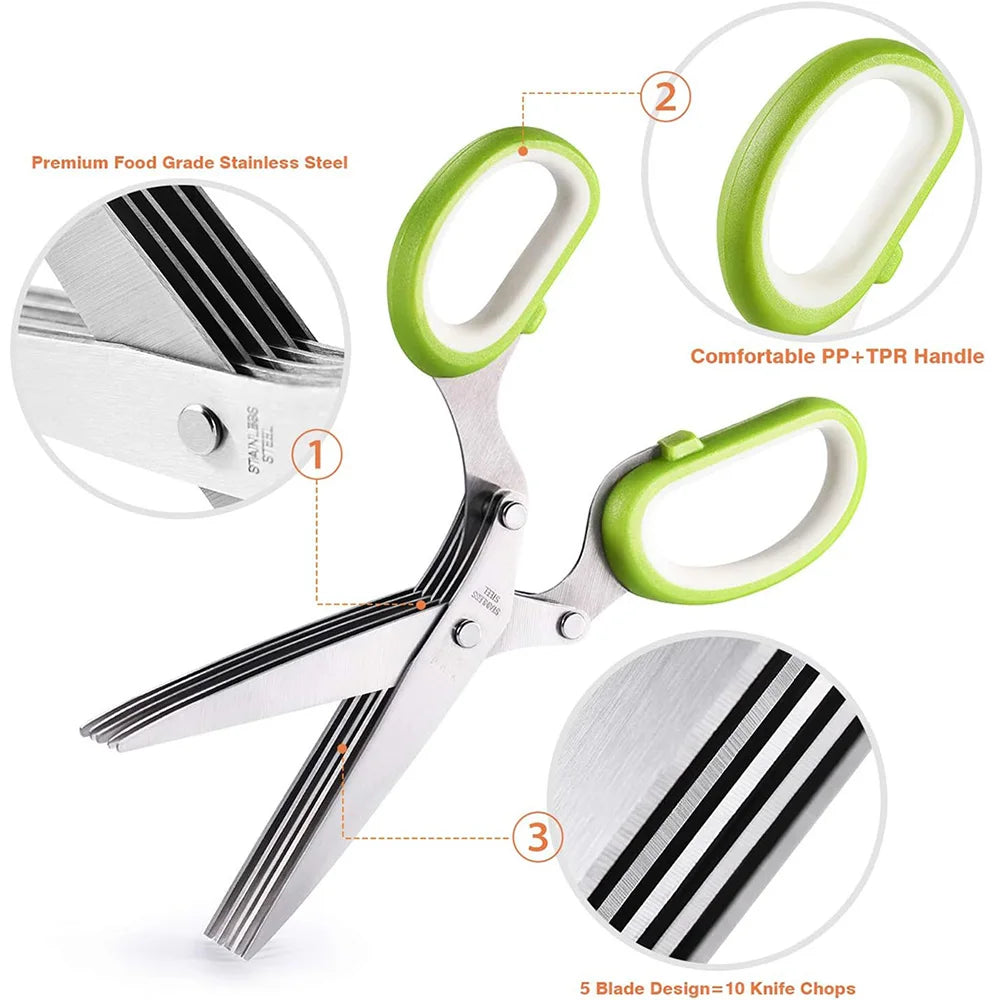 5-Blade Herb Scissors – Stainless Steel Kitchen Shears with Protective Cover