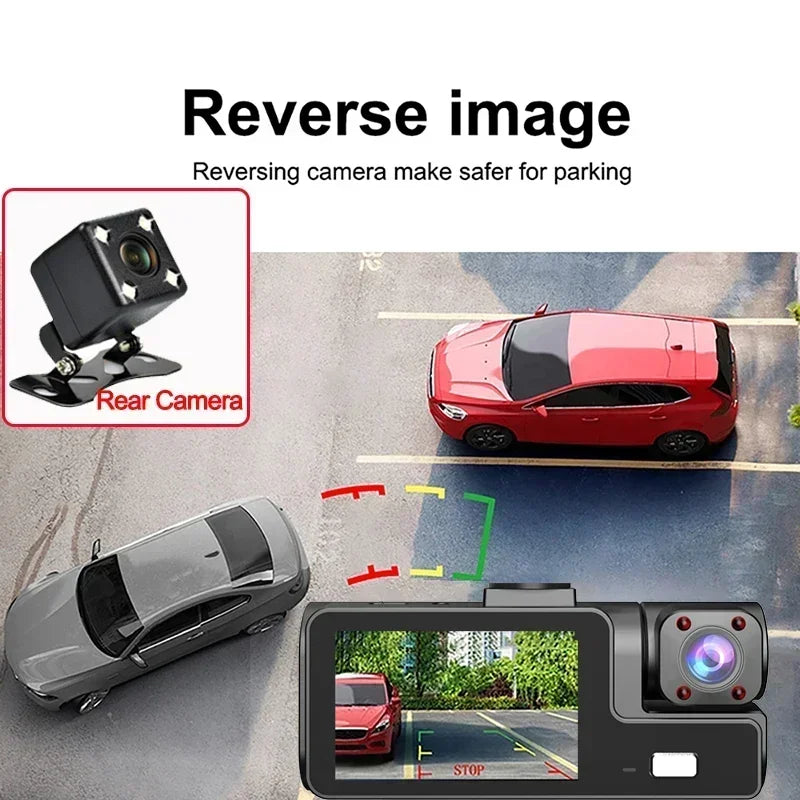 Car reversing camera system with a red car and gray car on a road, showing a screen of the camera's view.