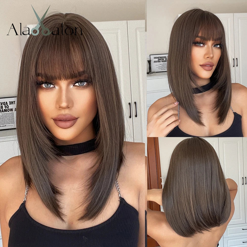 Layered Short Straight Wig with Bangs | Heat Resistant Synthetic Bob - ANDYS
