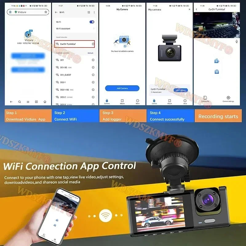 WiFi connection app control for a dashboard camera with smartphone and screen display.