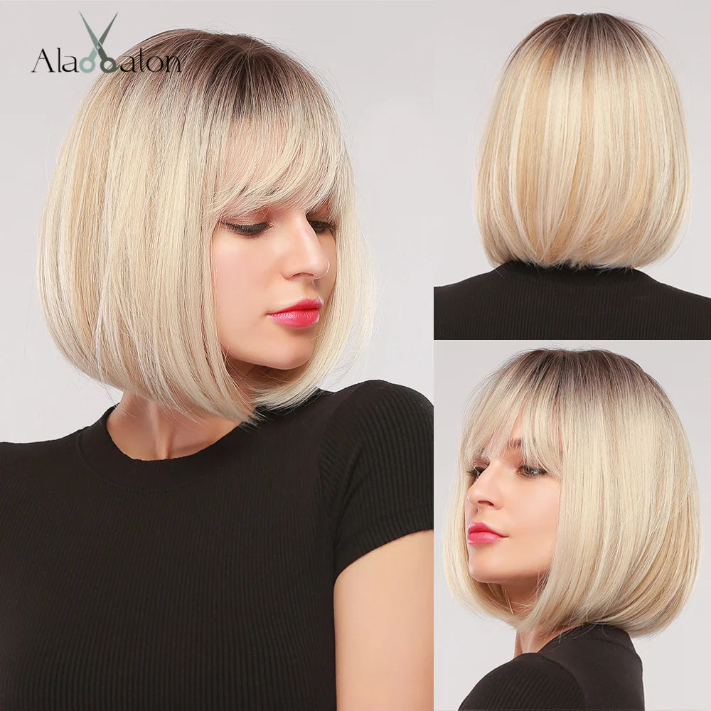 Layered Short Straight Wig with Bangs | Heat Resistant Synthetic Bob - ANDYS
