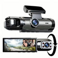 A black and silver car dash cam shown from two angles on a white background, with a top view of the main unit and a bottom view showing the screen and rotation arrow.