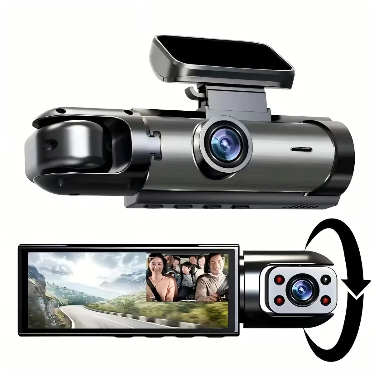 A black and silver car dash cam shown from two angles on a white background, with a top view of the main unit and a bottom view showing the screen and rotation arrow.