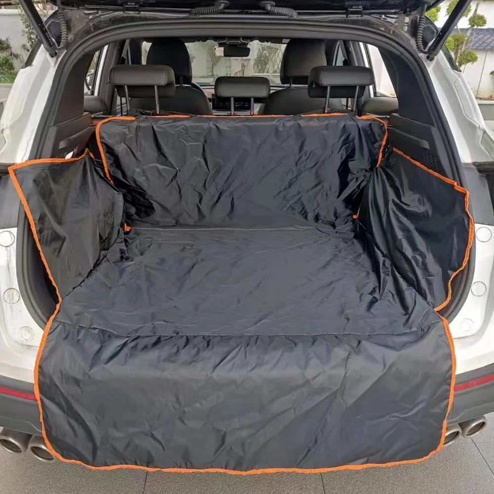 Car trunk with a black pet cover and orange trim