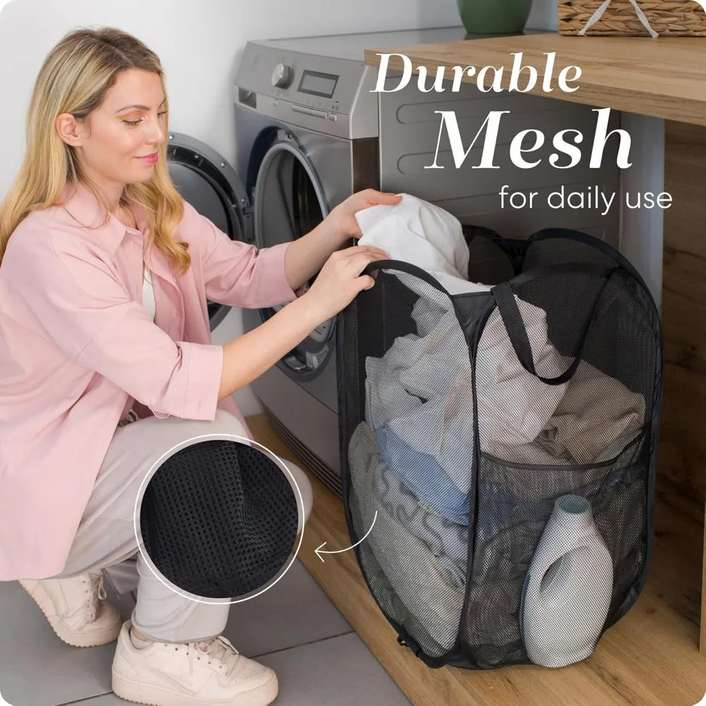 Collapsible Mesh Laundry Basket with Side Pocket