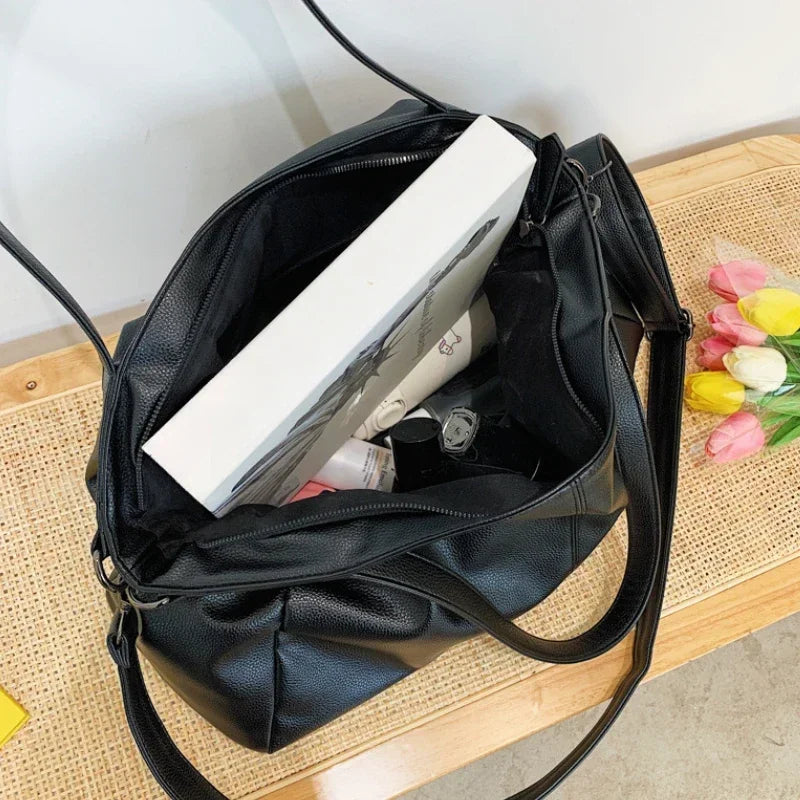 Large Black Soft Leather Slouchy Hobo Shoulder Bag