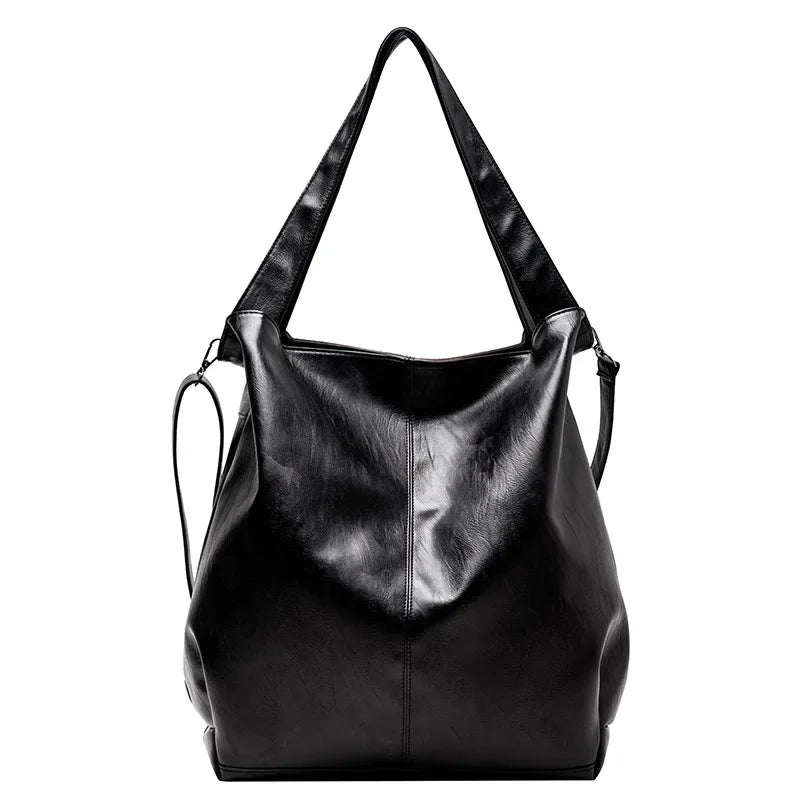 Large Black Soft Leather Slouchy Hobo Shoulder Bag