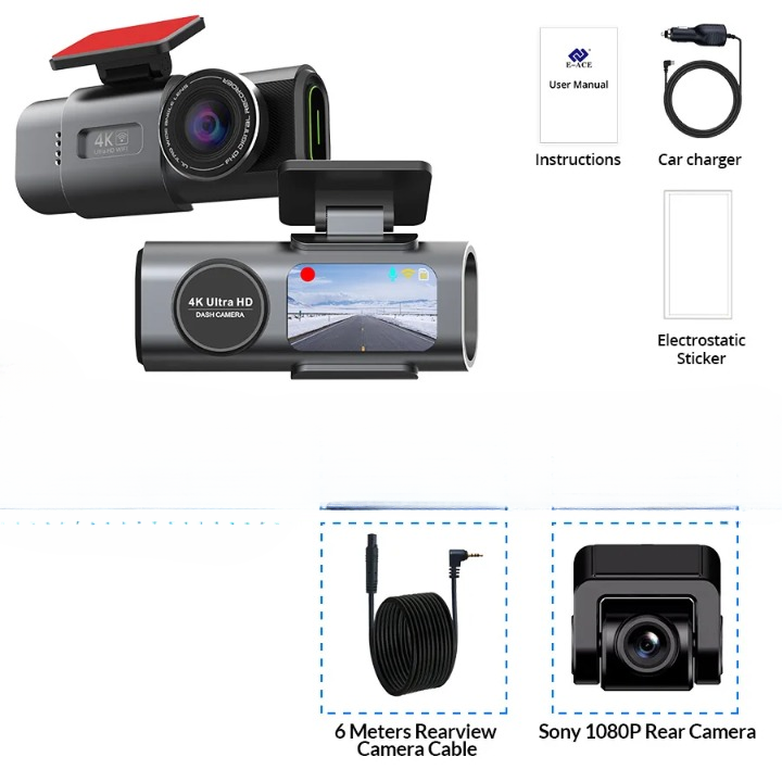 Black dash cam package shown on a white background with included accessories and labels: user manual, car charger,静电 sticker, 6 meters rearview camera cable, and a Sony 1080P rear camera.
