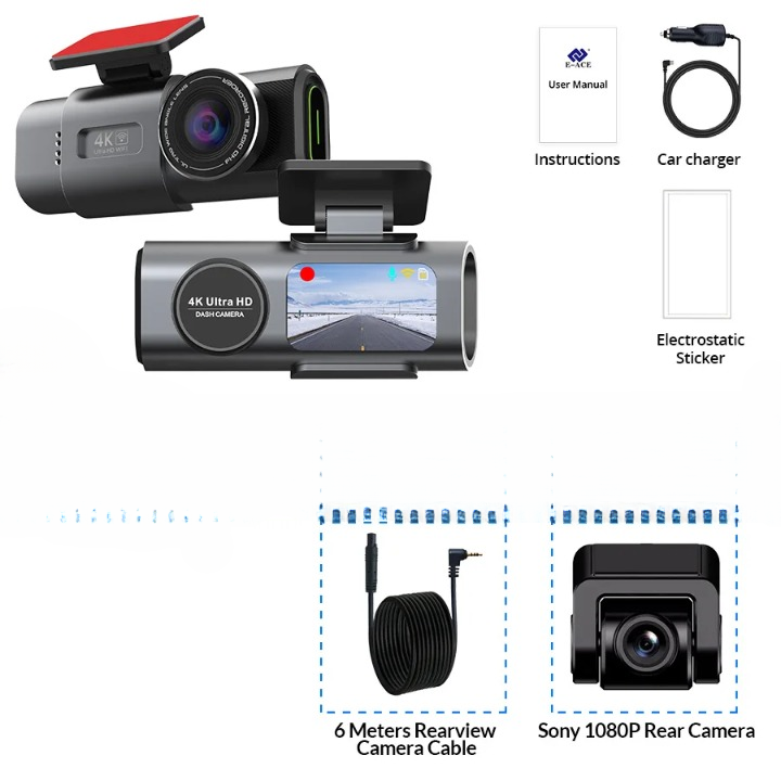Black dash cam package shown on a white background with included accessories and labels: user manual, car charger,静电 sticker, 6 meters rearview camera cable, and a Sony 1080P rear camera.