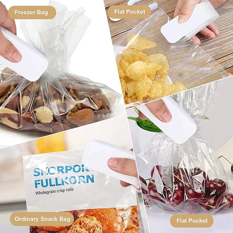 Collage of a hand using a white plastic baggie maker to seal various types of snacks.