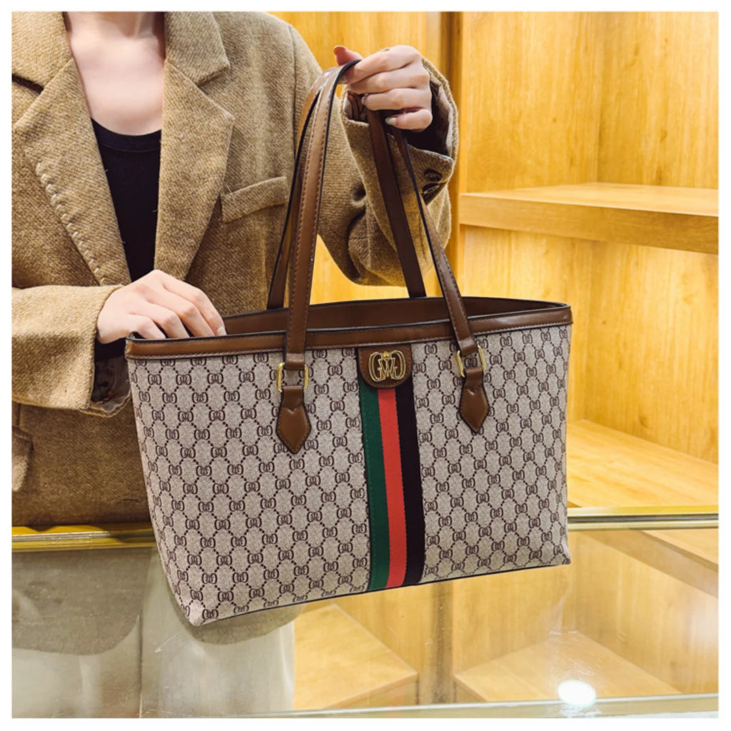 Luxury Coffee Floral Leather Handbag with Striped Accent