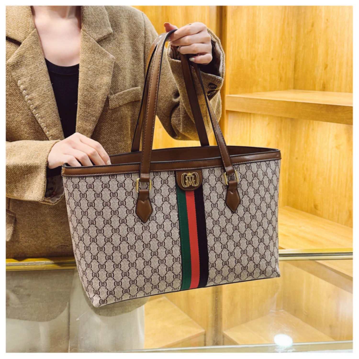 Luxury Coffee Floral Leather Handbag with Striped Accent