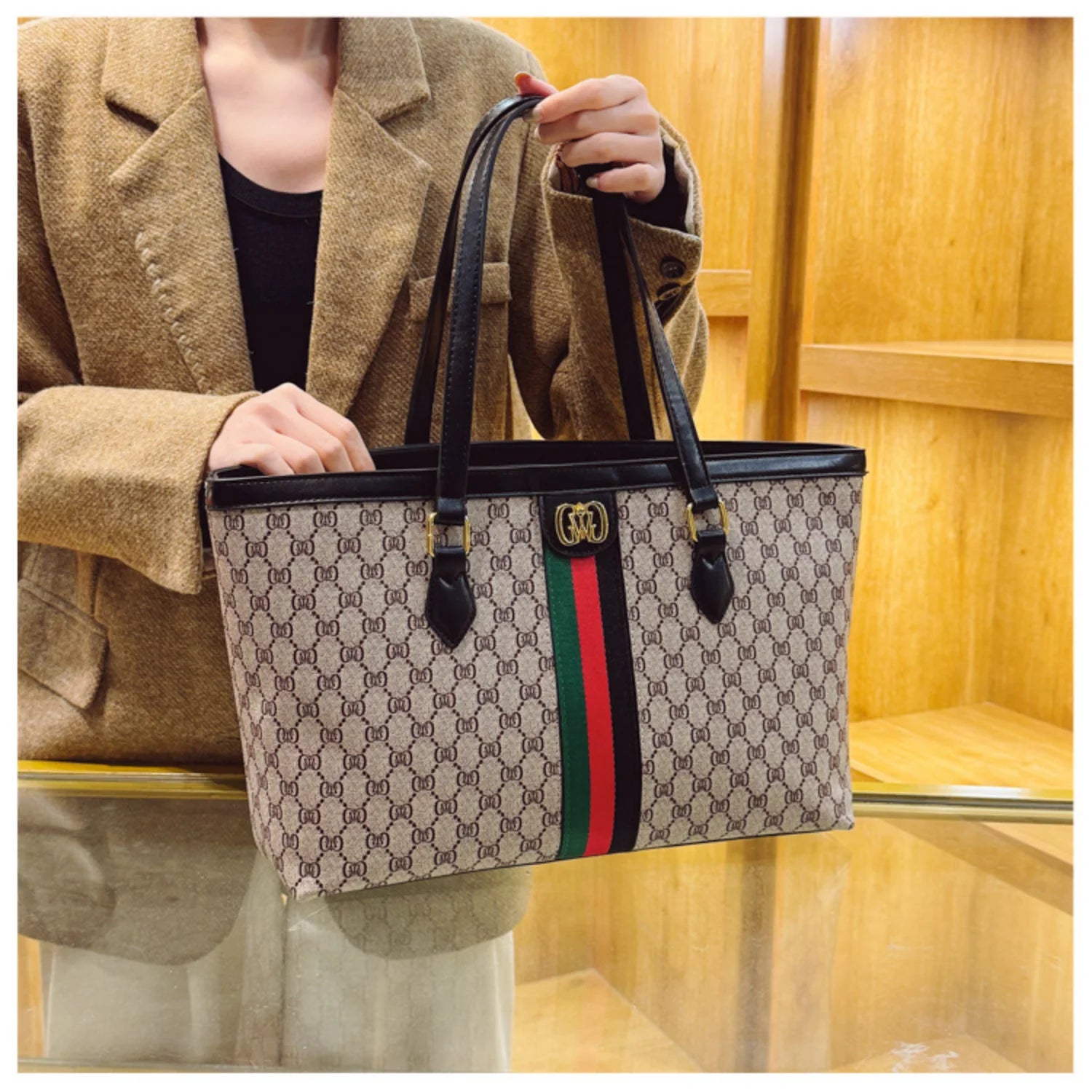 Luxury Coffee Floral Leather Handbag with Striped Accent