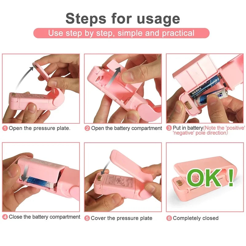 Step-by-step guide on how to use a pink device with images of hands performing each step.