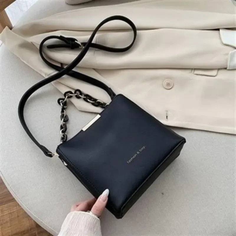 Chic Leather Chain Bucket Crossbody Bag