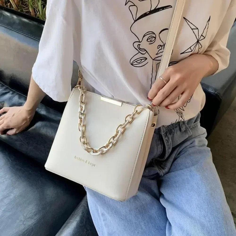 Chic Leather Chain Bucket Crossbody Bag
