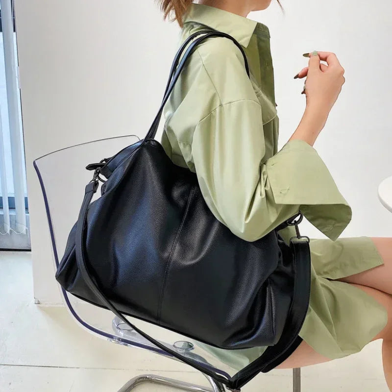 Large Black Soft Leather Slouchy Hobo Shoulder Bag