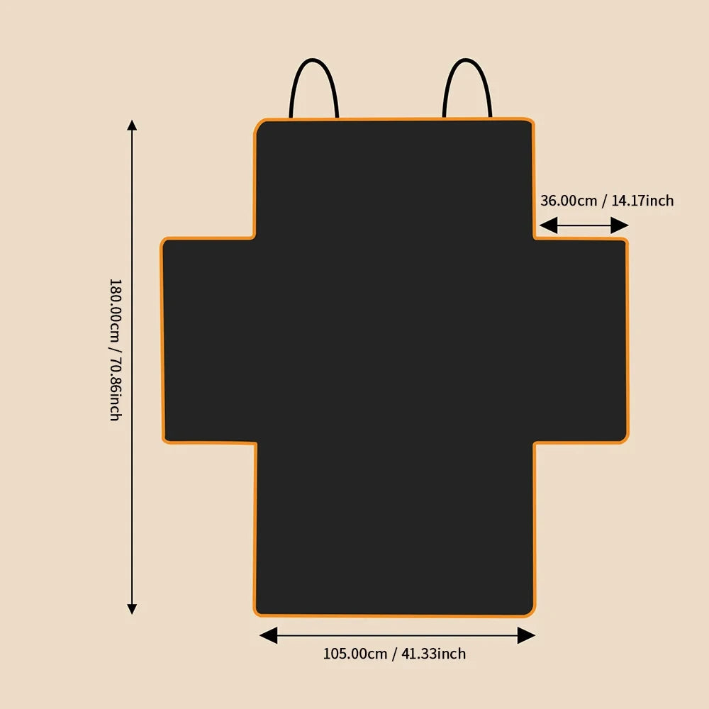 Black cross-shaped mat with measurements on a beige background