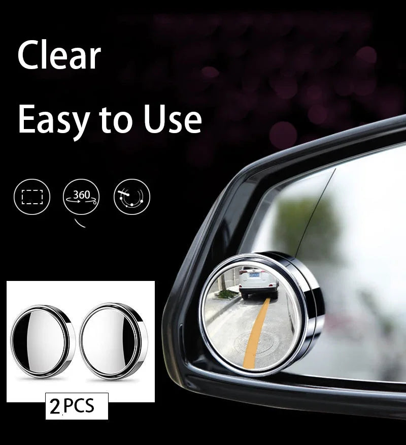 Car side mirror with a round convex mirror attachment, labeled 'Clear Easy to Use' on a dark background.