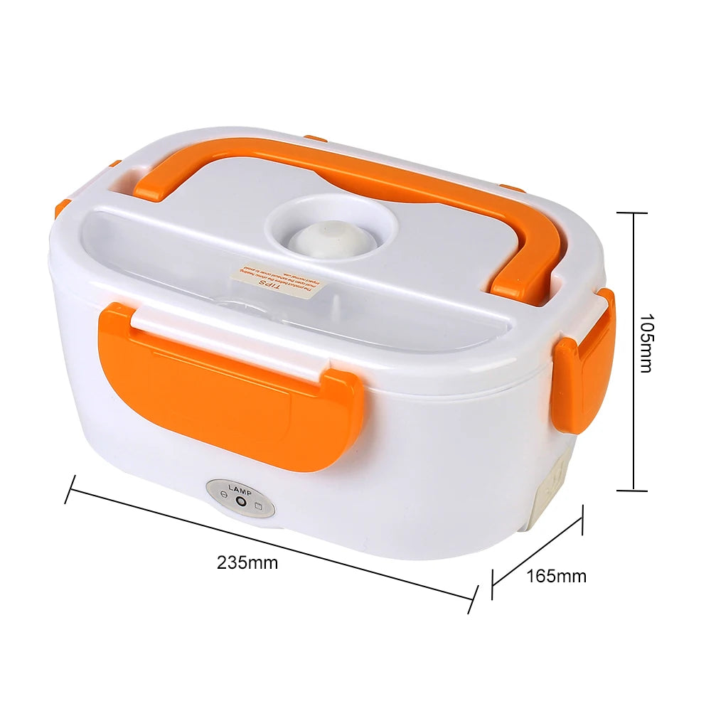 White and orange electric lunch box with dimensions on a white background