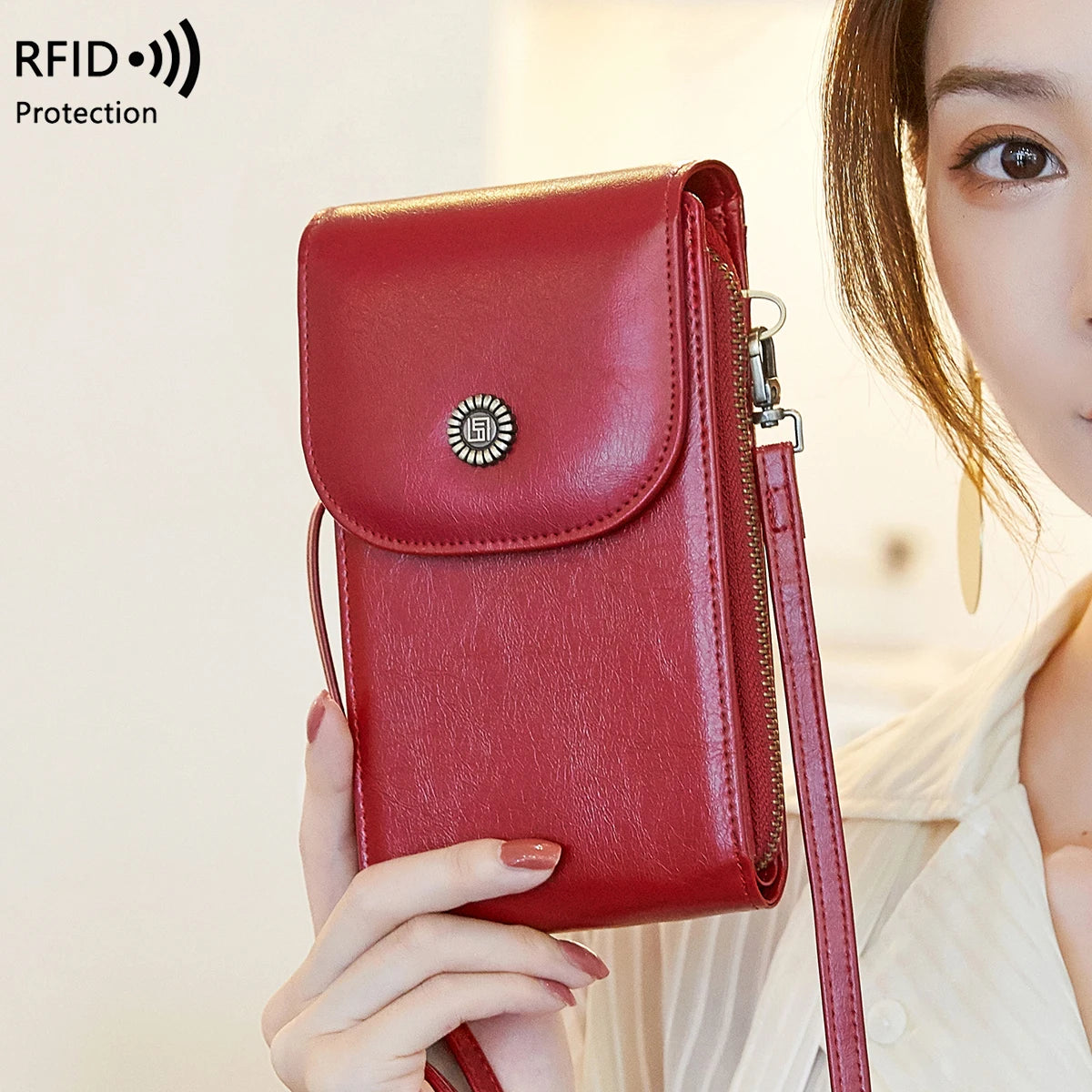 Retro Oil Wax Leather Crossbody Phone Bag with RFID Protection