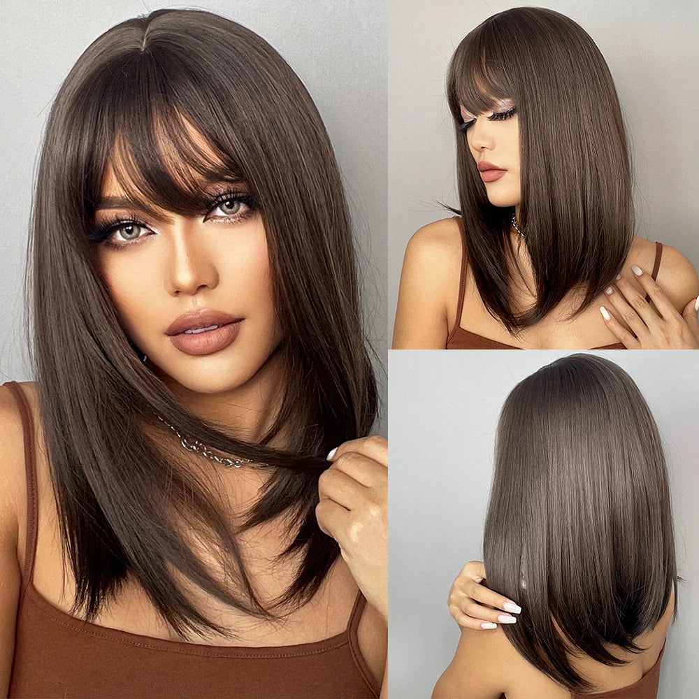 Layered Short Straight Wig with Bangs | Heat Resistant Synthetic Bob - ANDYS