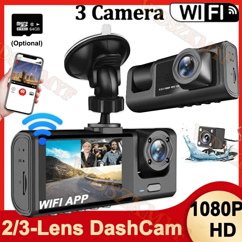 3-camera WiFi dashcam with smartphone app and water resistance indicator on a red background