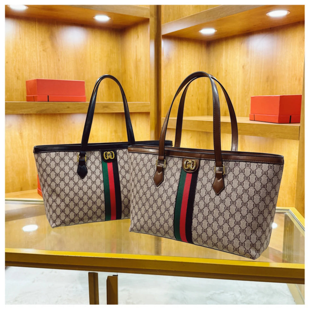 Luxury Coffee Floral Leather Handbag with Striped Accent