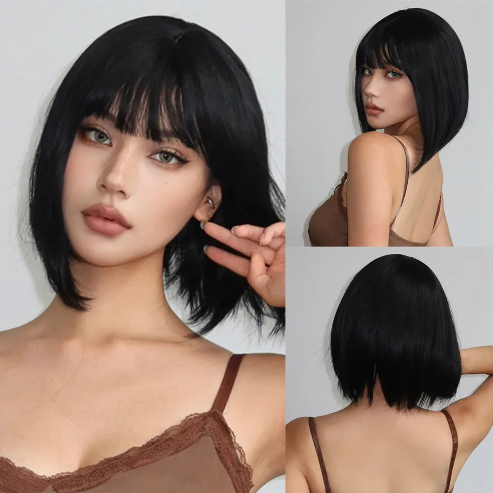 Layered Short Straight Wig with Bangs | Heat Resistant Synthetic Bob - ANDYS