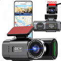 Black 4K ultra HD WiFi dash cam shown with multiple views and accessories on a white background, including the main camera body, rear backup camera, phone app screen mockup, mounting bracket, and an optional red radar detector.