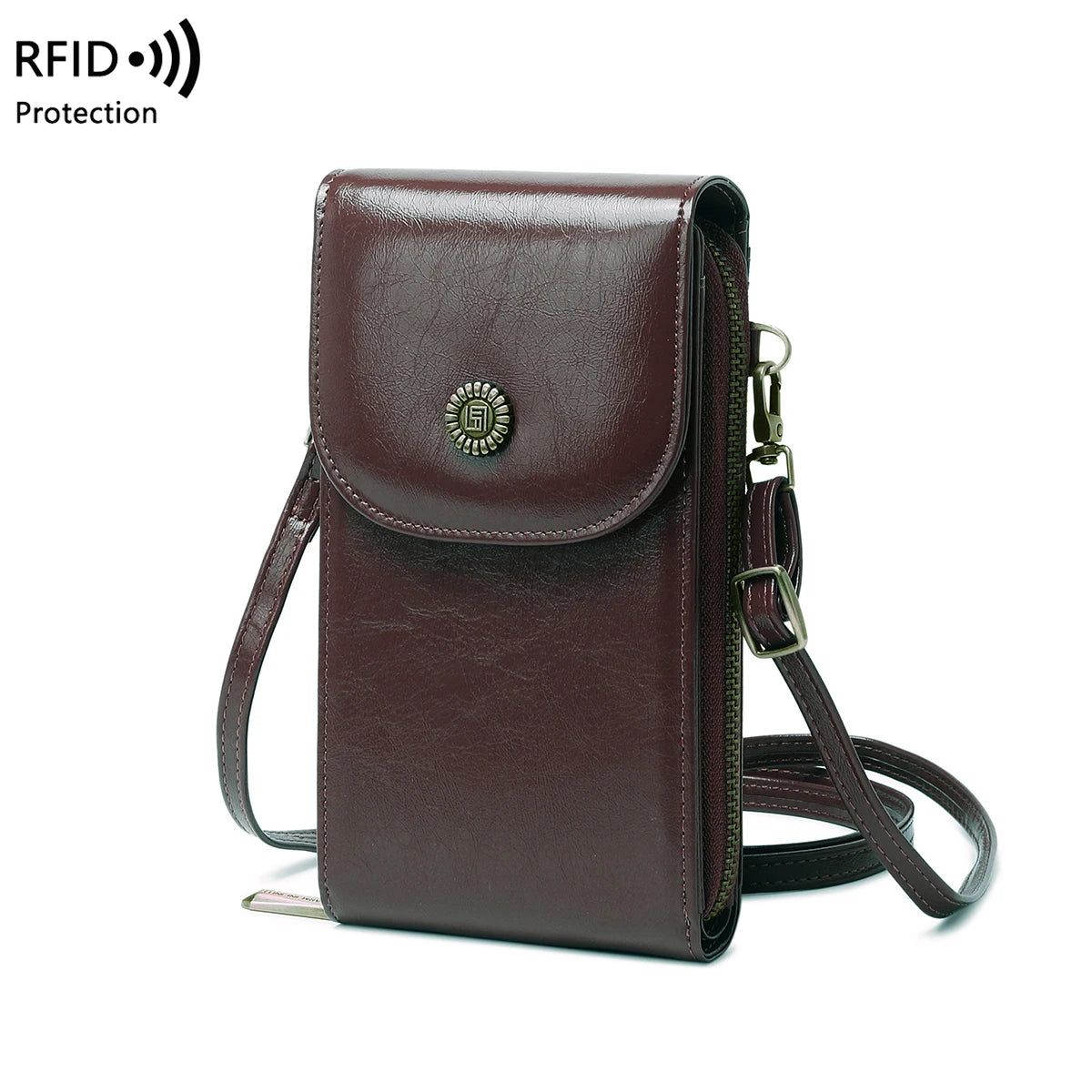 Retro Oil Wax Leather Crossbody Phone Bag with RFID Protection