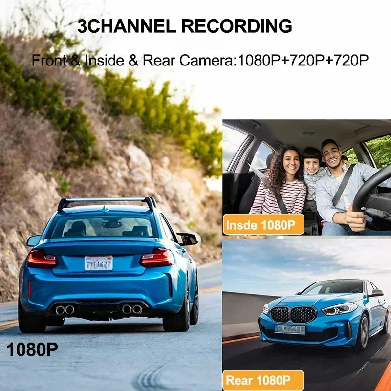 Blue car with camera setup on a road, showing 3-channel recording features.