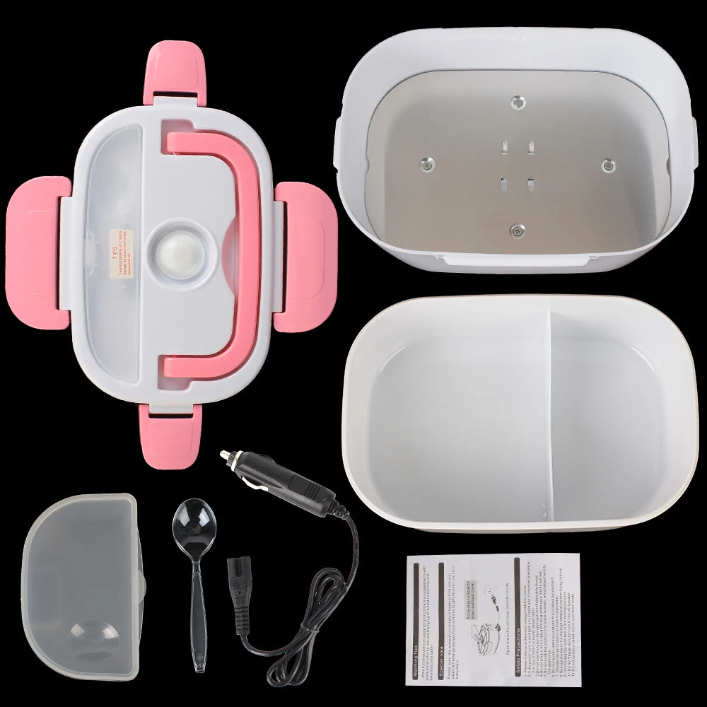 Collection of kitchen items including a pink and white container, spoon, power adapter, and user manual on a black background.