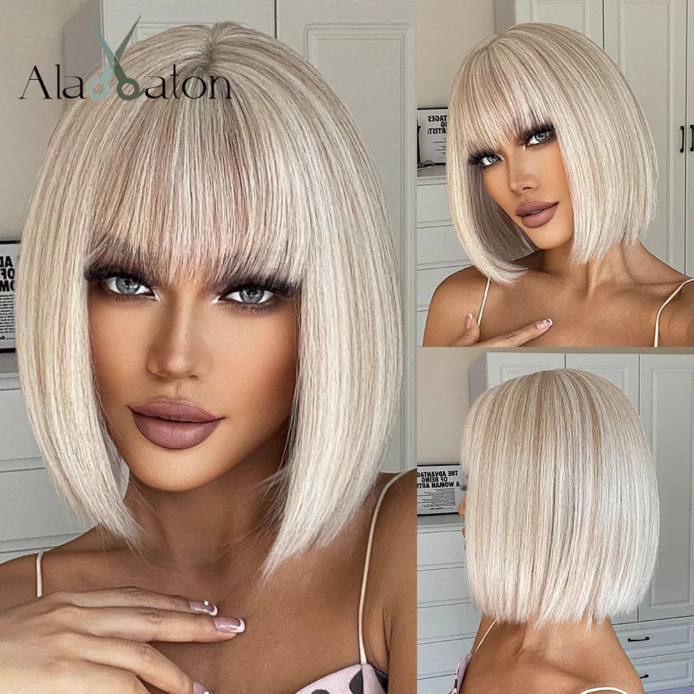 Layered Short Straight Wig with Bangs | Heat Resistant Synthetic Bob - ANDYS