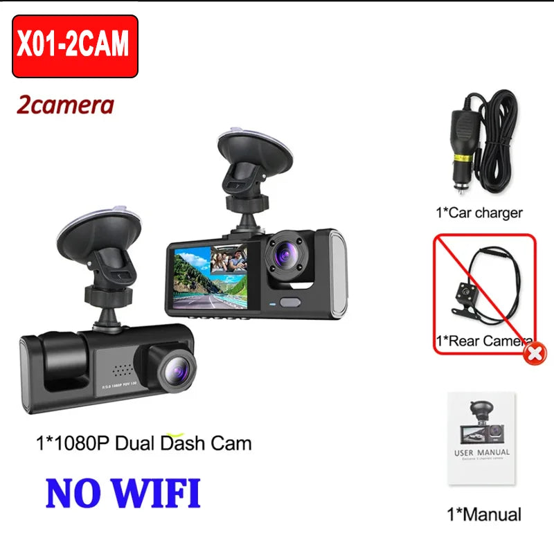2-camera dash cam set with car charger, user manual, and no WiFi label on a white background.