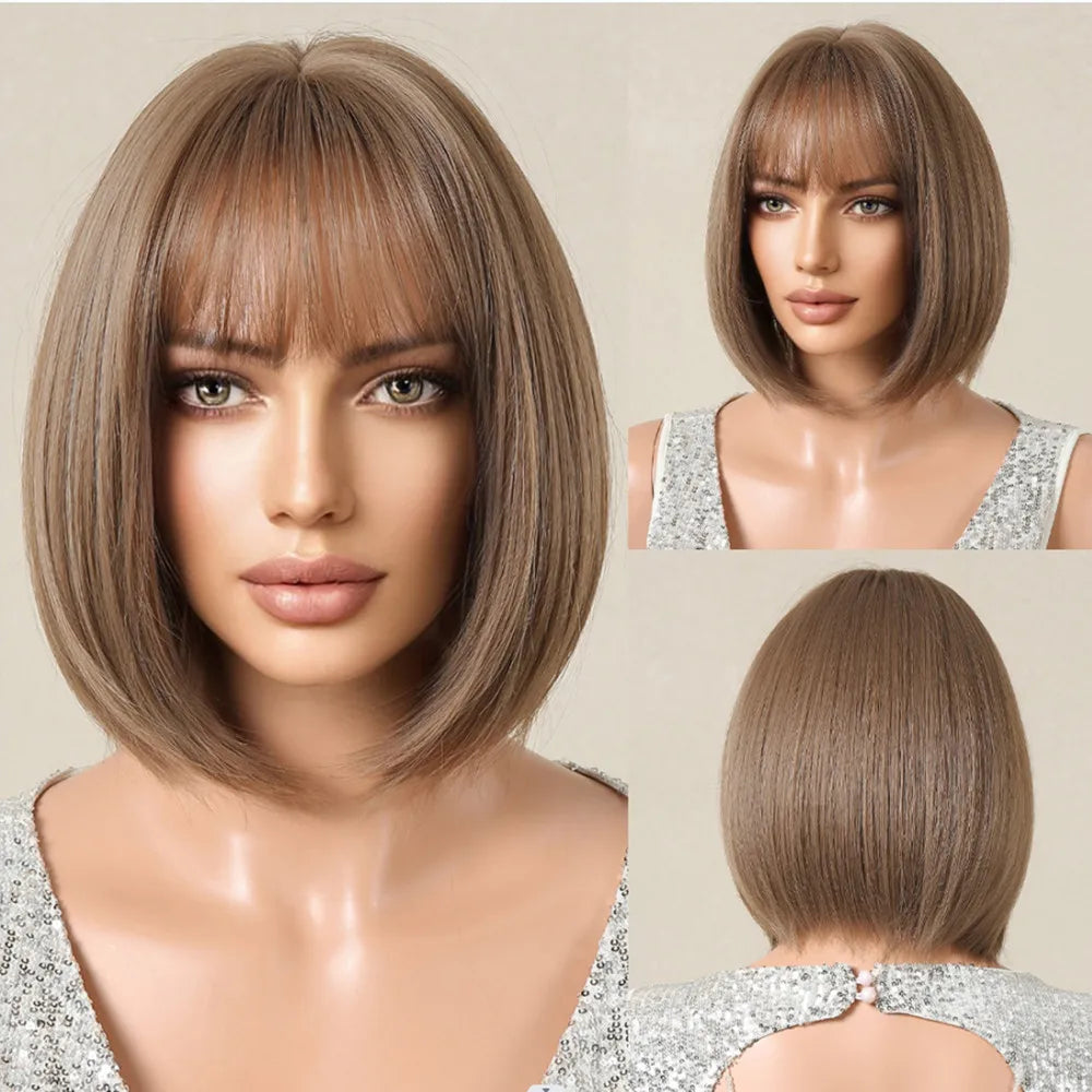Layered Short Straight Wig with Bangs | Heat Resistant Synthetic Bob - ANDYS