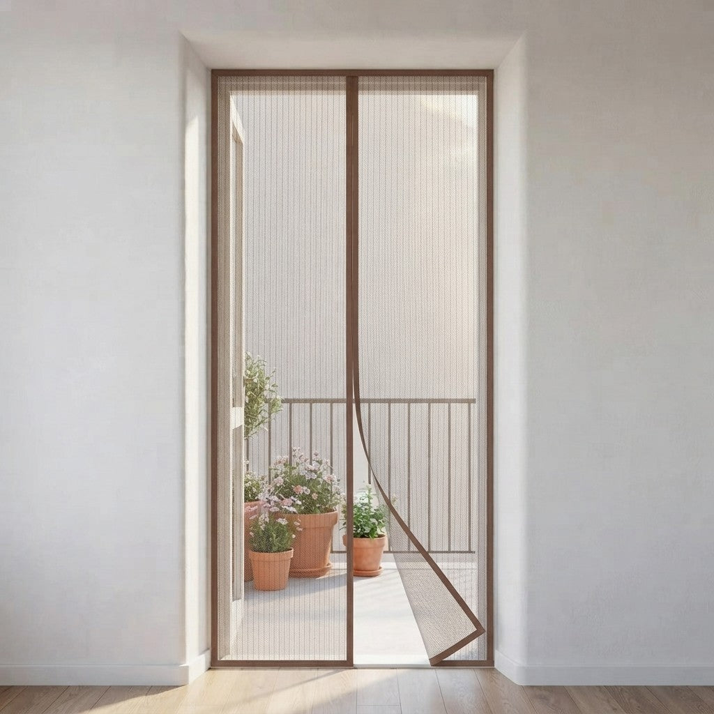 A modern magnetic door screen with a thin brown metal frame and vertical slats, shown installed in a doorway leading to a sunlit balcony with potted plants