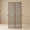 A modern two-panel screen door with vertical metal slats and dark brown frames, featuring small hanging tie details on the sides, set against a minimalist beige background.