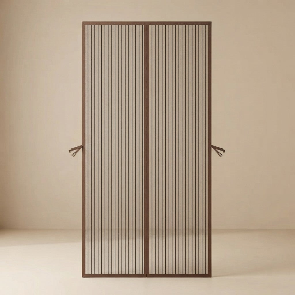 A modern two-panel screen door with vertical metal slats and dark brown frames, featuring small hanging tie details on the sides, set against a minimalist beige background.
