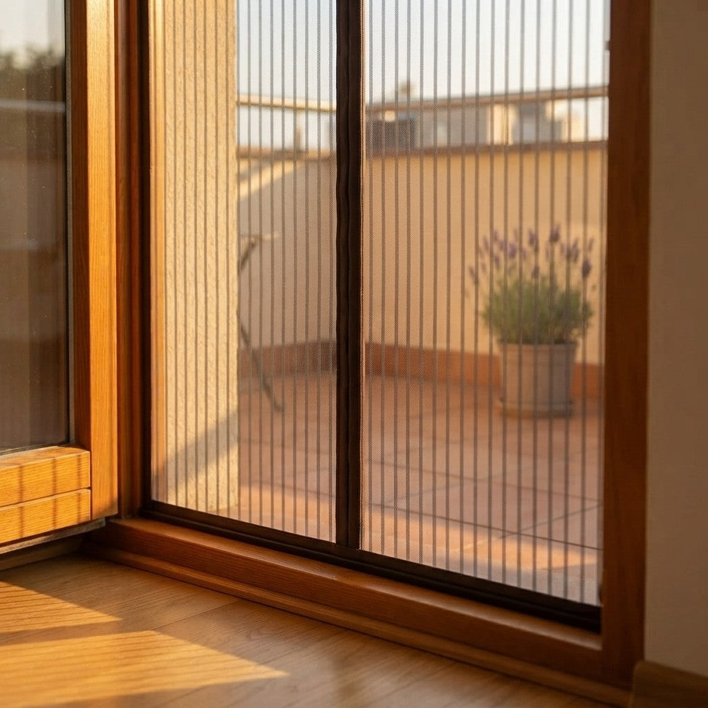 A close-up view of a sliding glass door fitted with a fine mesh screen, set in a warm indoor environment with wooden flooring and a sunlit outdoor patio visible behind it.