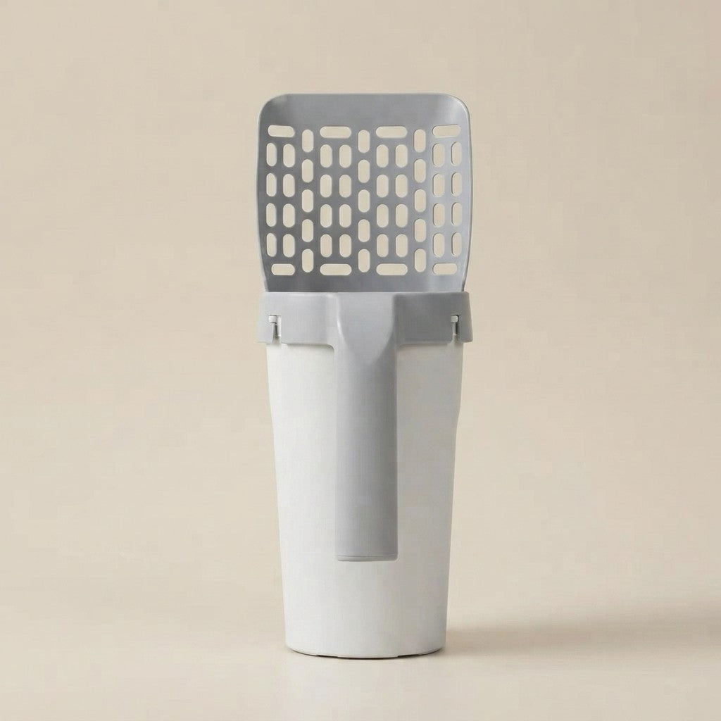 A modern gray and white plastic litter box scoop with a slotted top, shown on a solid beige background.