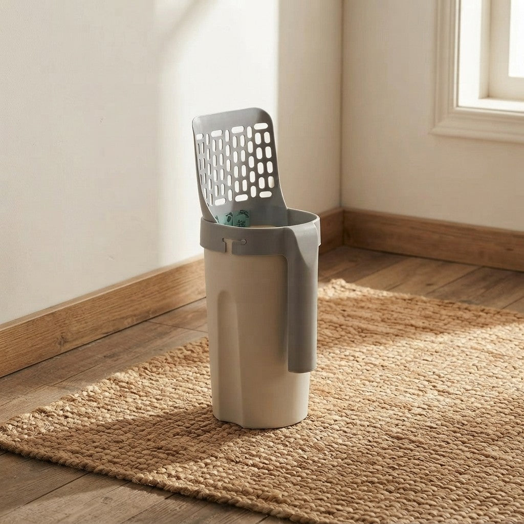 A modern automatic cat litter box in beige and gray, shown on a woven jute rug in a sunlit room corner.