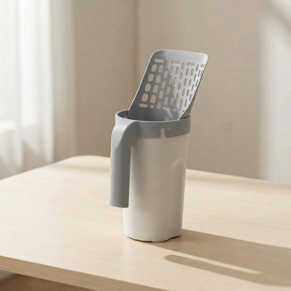 A modern white and gray plastic canister with a slotted lid, standing on a light wood table in a softly lit indoor setting.