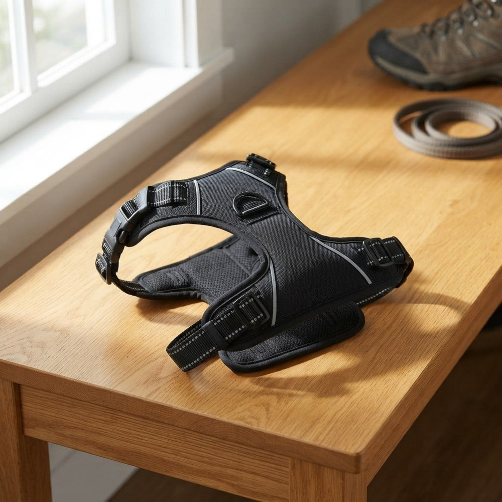 A black dog harness with gray trim and adjustable straps, displayed on a light wood table next to a window, with a leash and shoe visible in the background.