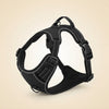 A black dog harness with white contrast stitching and black plastic buckles, shown on a light beige background.
