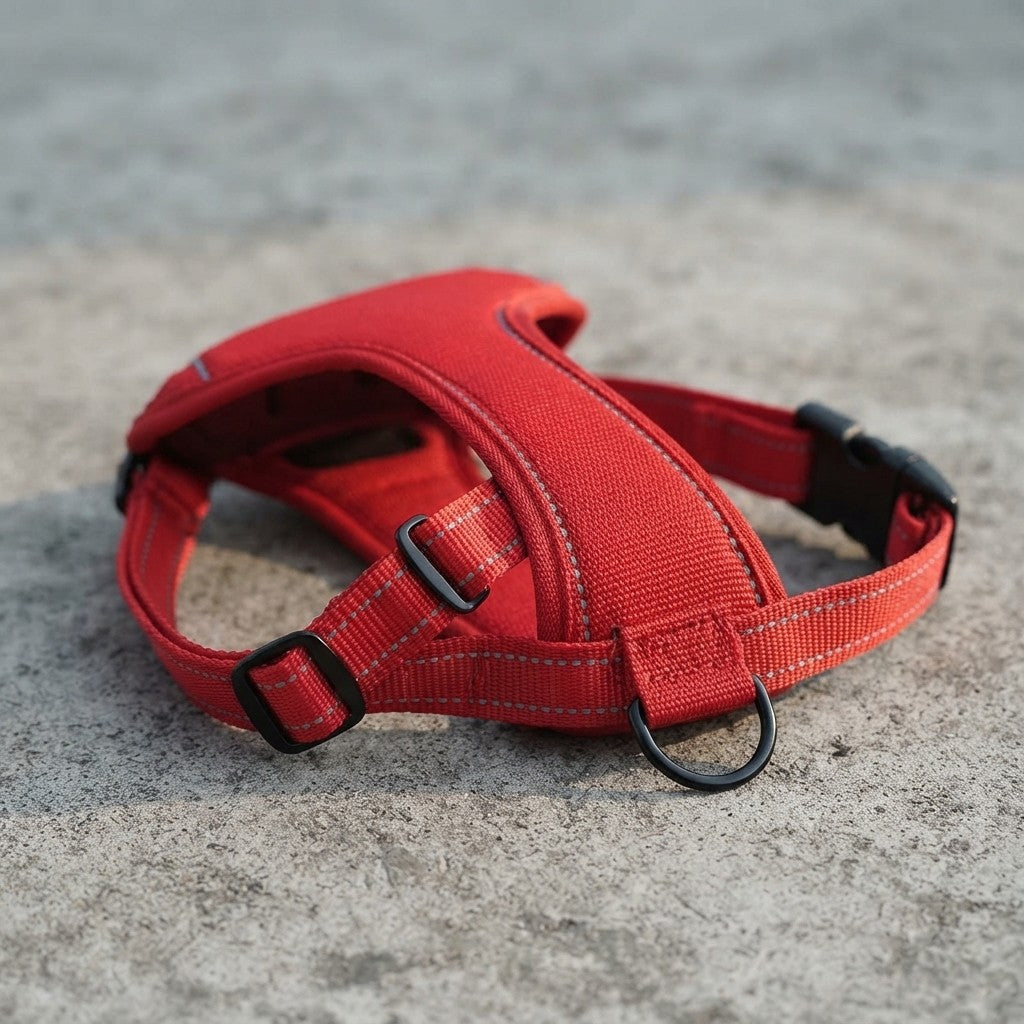 A red dog harness with black plastic buckles and a metal ring, photographed on a textured concrete surface.