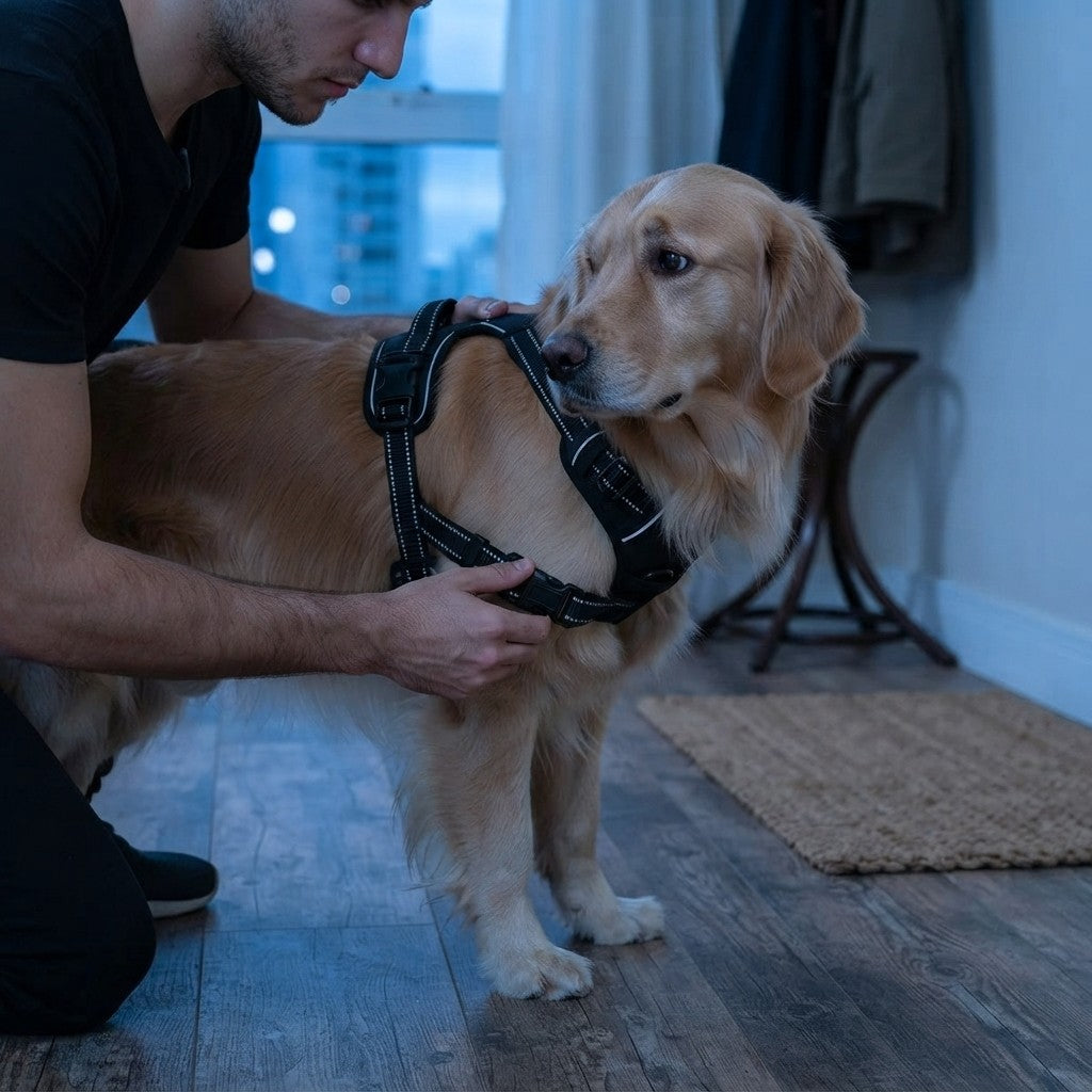 A golden retriever dog wearing a black harness with silver reflective trim, being adjusted by a man kneeling on a wooden floor in a home interior.