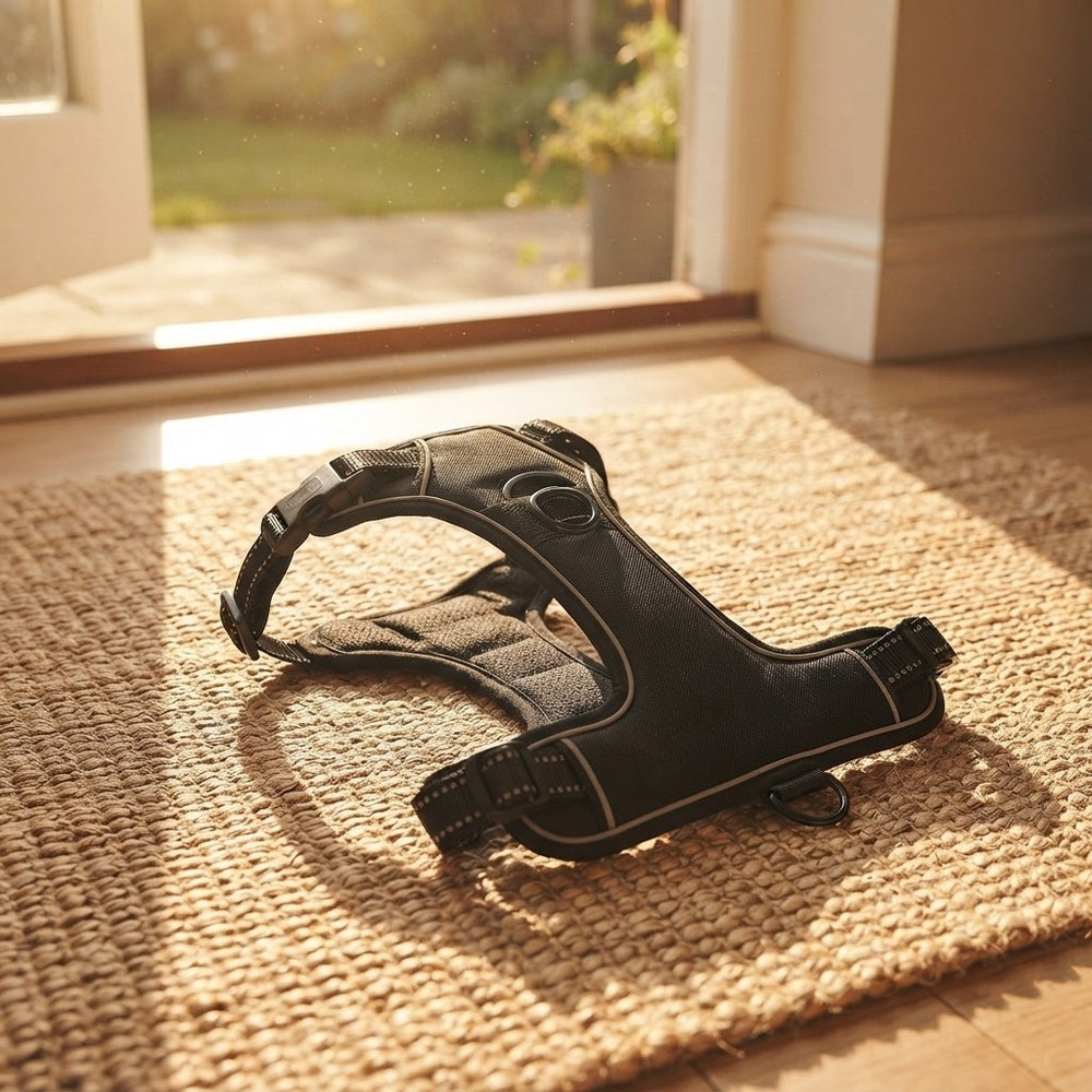 A black dog harness with white contrast stitching and adjustable straps, resting on a woven jute rug in warm sunlight near a window.