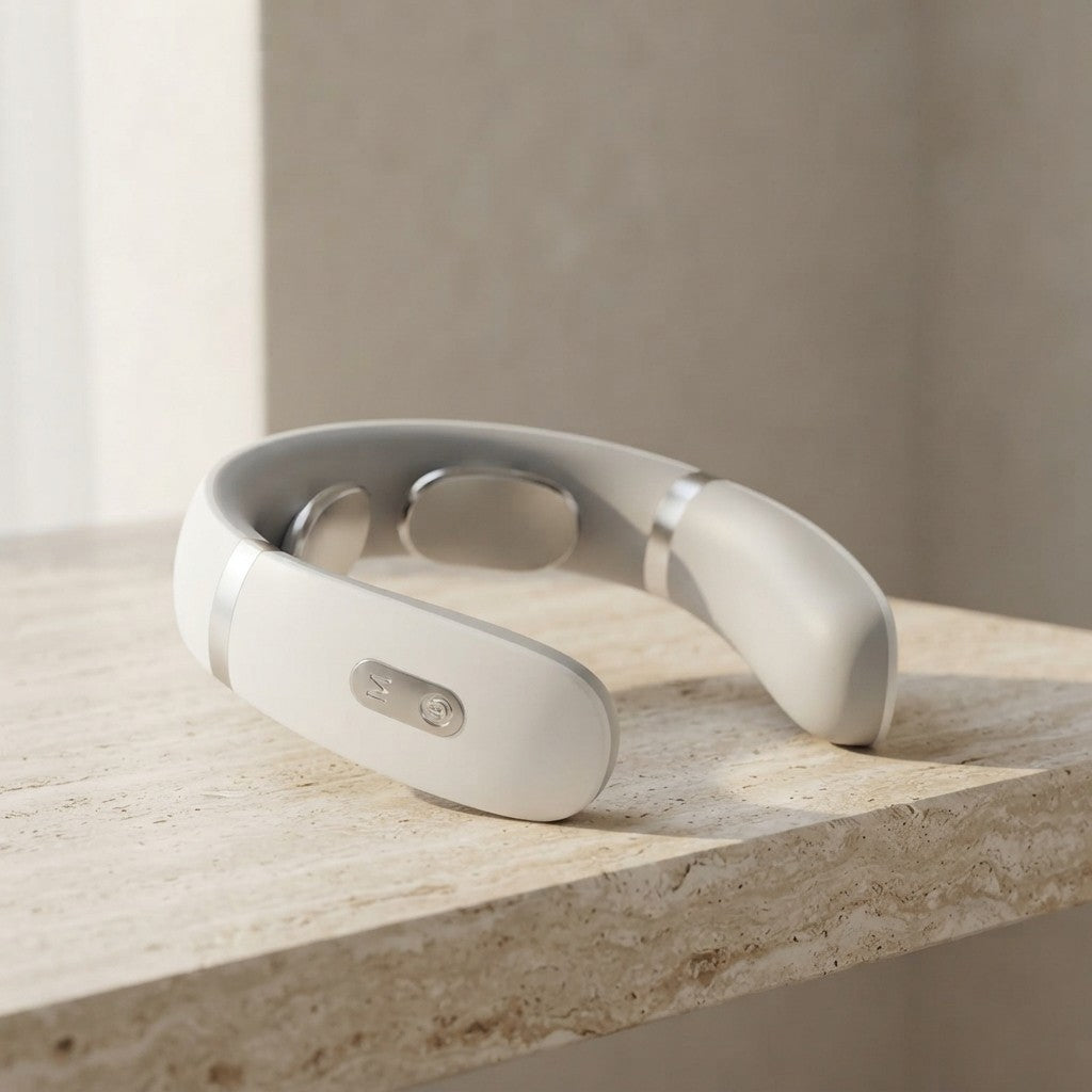 A white neck and shoulder massager resting on a light beige stone surface against a neutral beige background.